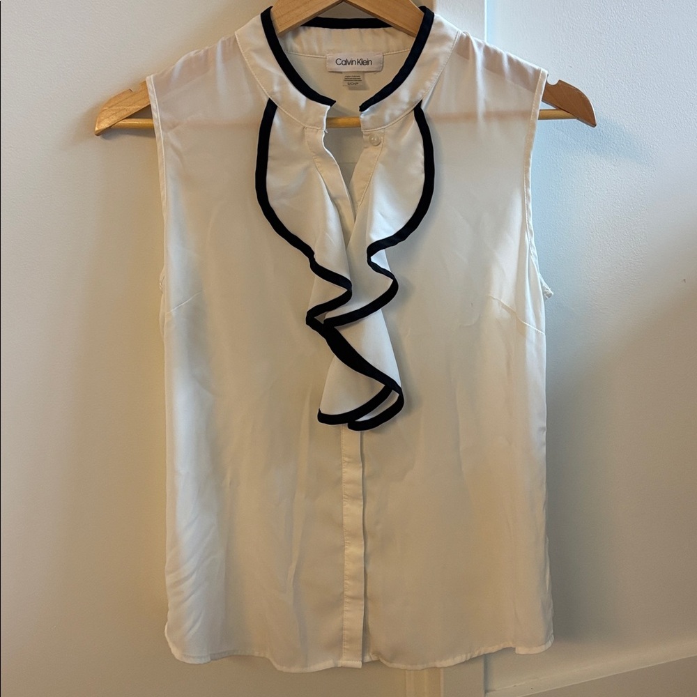 Calvin Klein Ivory Blouse with Black Ruffle Accent